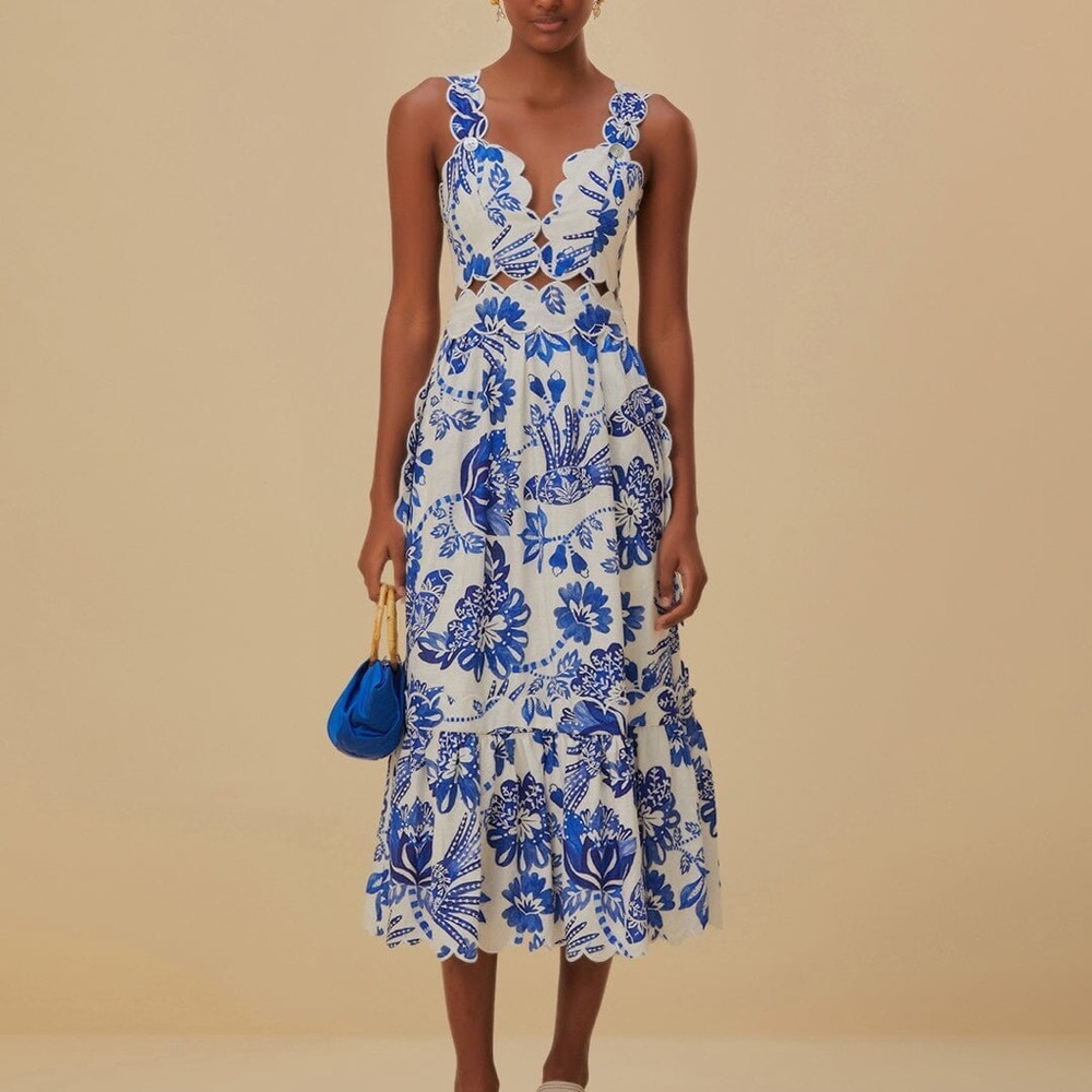 FARM Rio Ecovero Off-White Flowerful Birds Midi Dress XS NWT